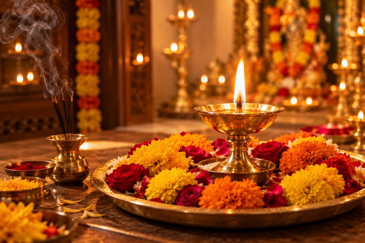 Golden Diya and Flower-Laden Puja Thali